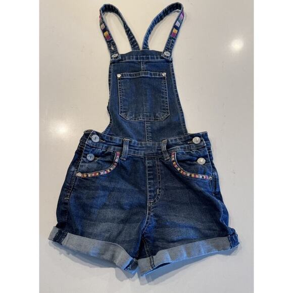 Peek Dungarees Girls Size 10 Overalls Denim Shortalls Embroidered Dark Wash Boho - Picture 2 of 9